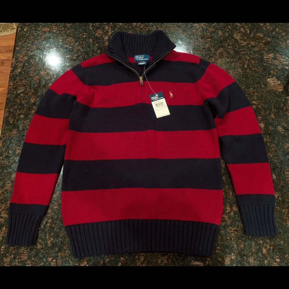 NEW! Polo by Ralph Lauren Striped Half Zip Pullover Sweater Boy Sz M (12-14)